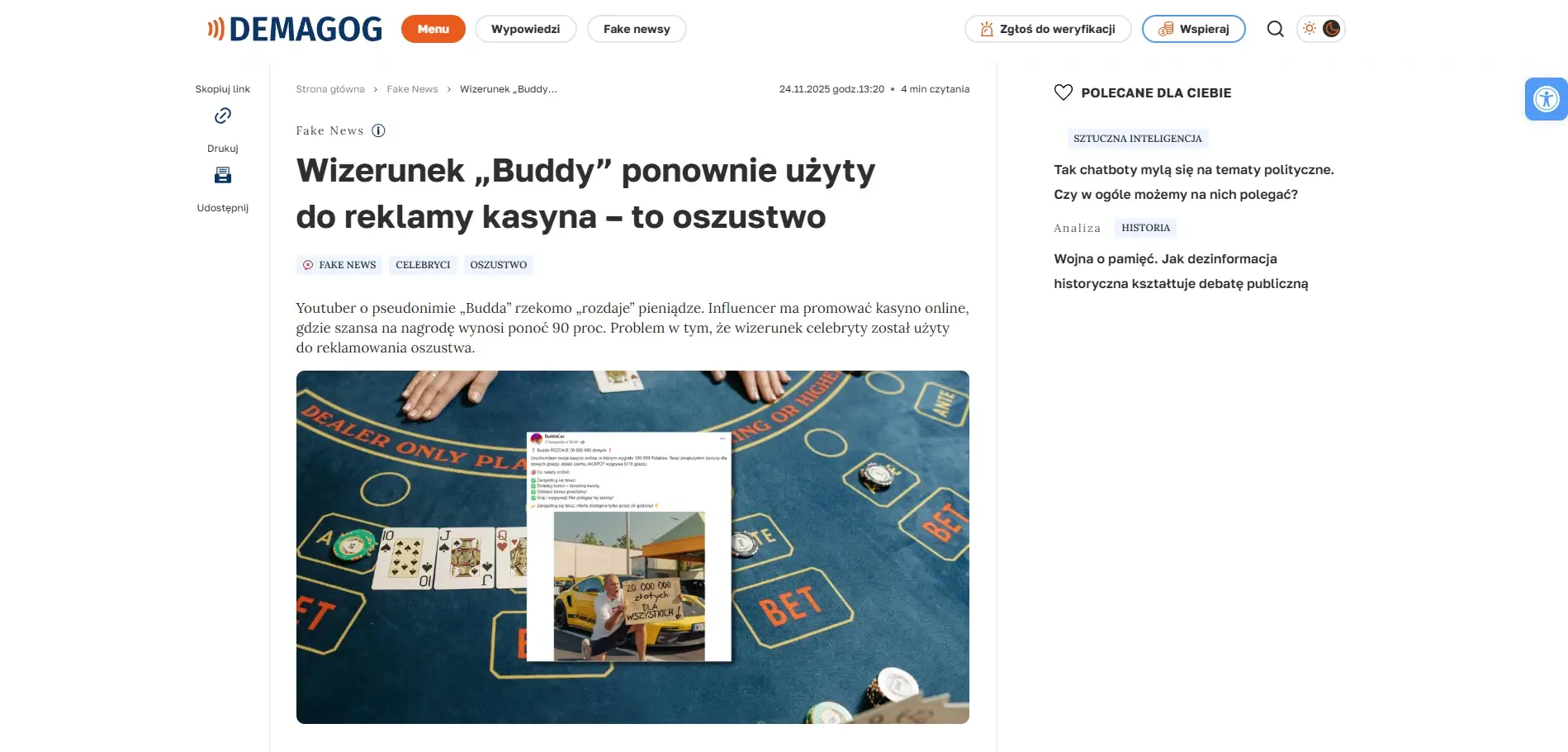 Fact-check Demagog o fałszywej reklamie kasyna wykorzystującej wizerunek Buddy