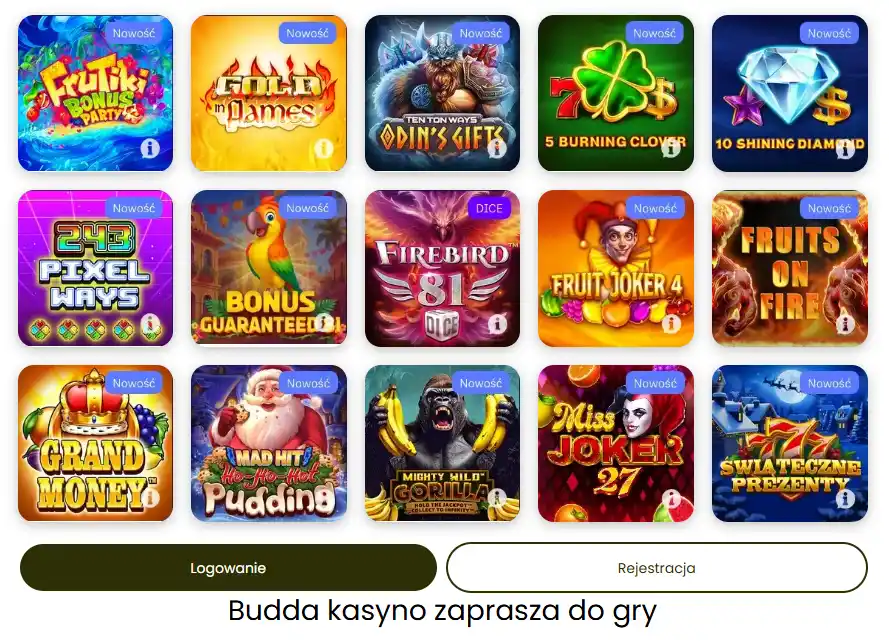 Interfejs kategorii gier Budda Casino z widocznym podziałem na automaty, stoły i kasyno na żywo