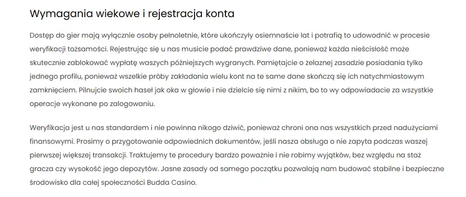 Fragment aktualnego regulaminu Budda Casino dotyczący weryfikacji tożsamości