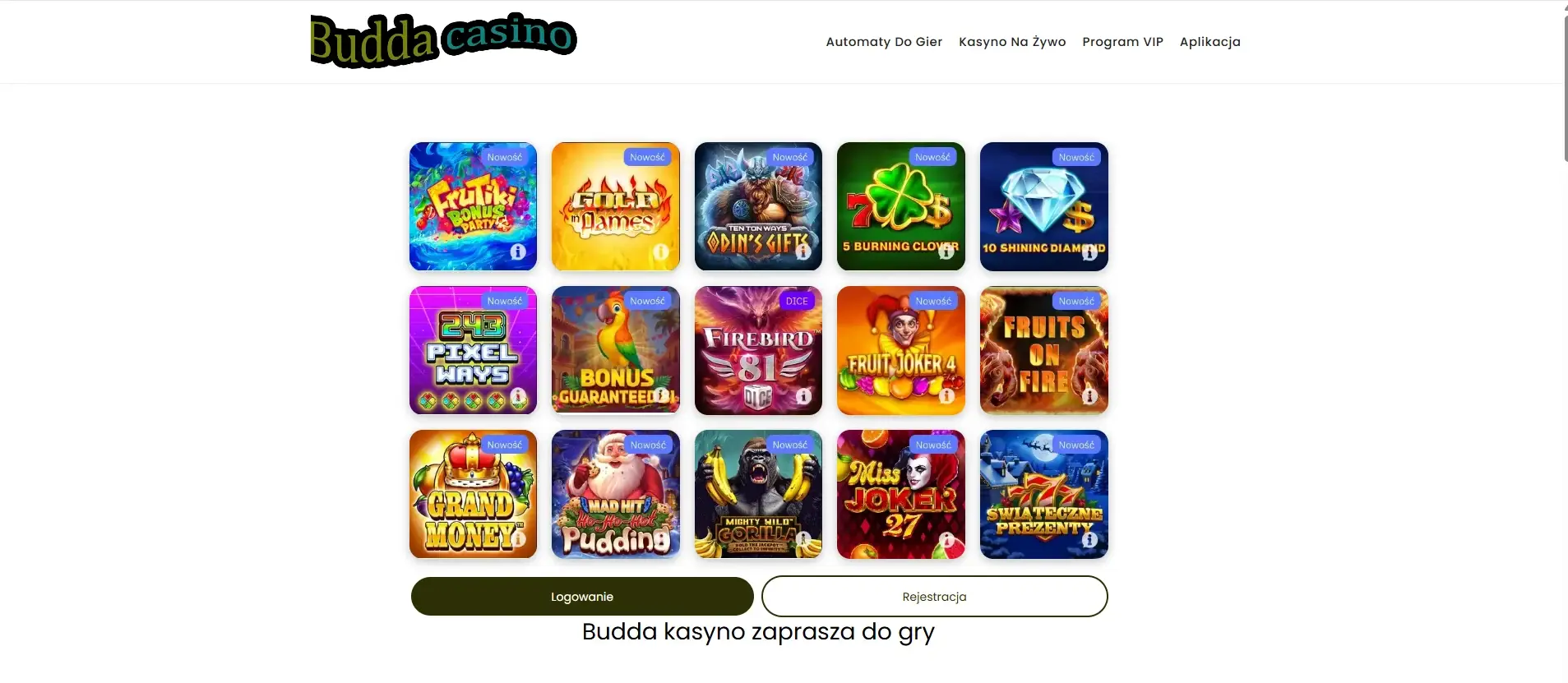 Polskojęzyczny interfejs Budda Casino z kategoriami serwisu